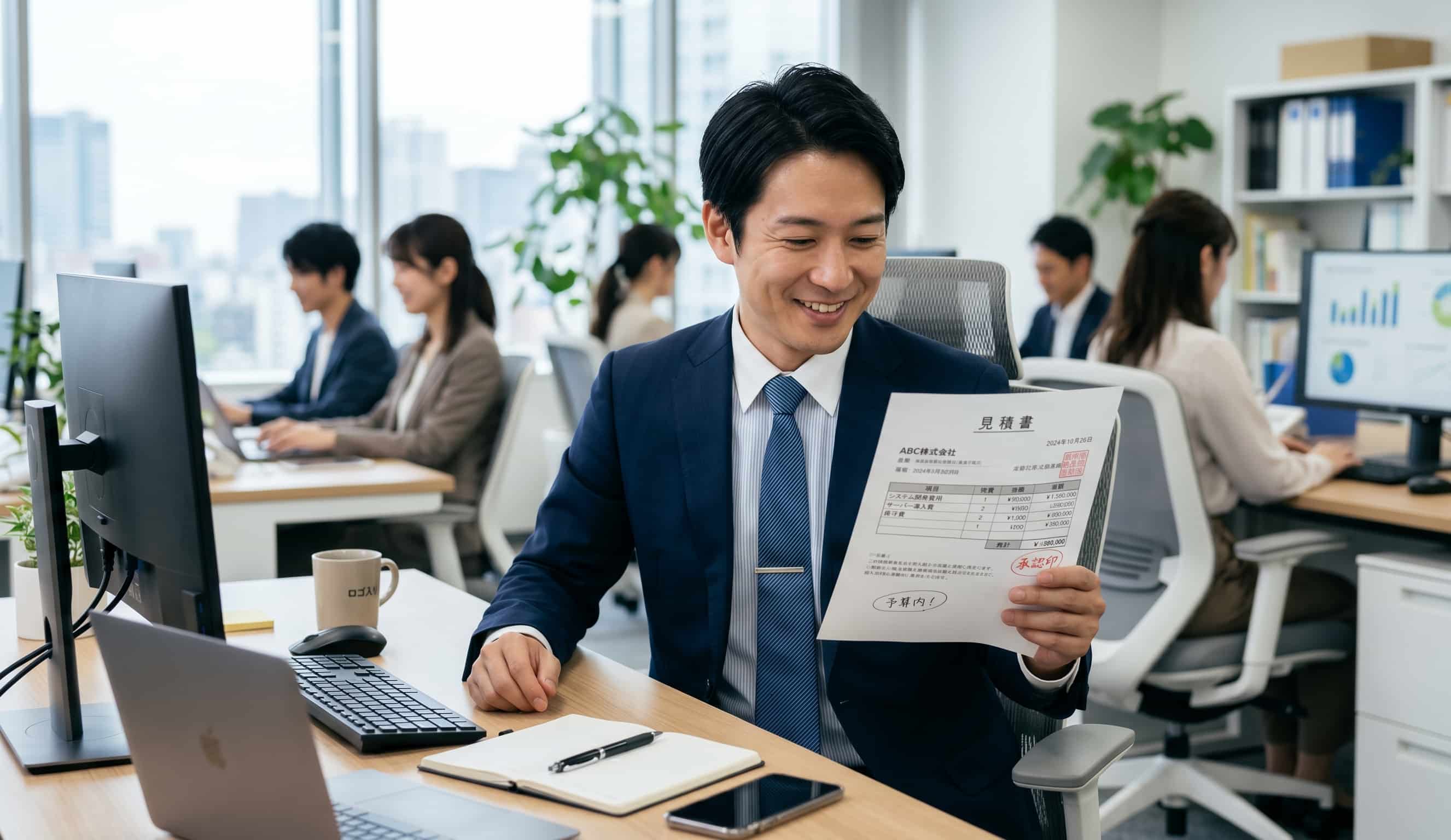 リーズナブルHPの見積書を観て安心している男性のイメーーじ画