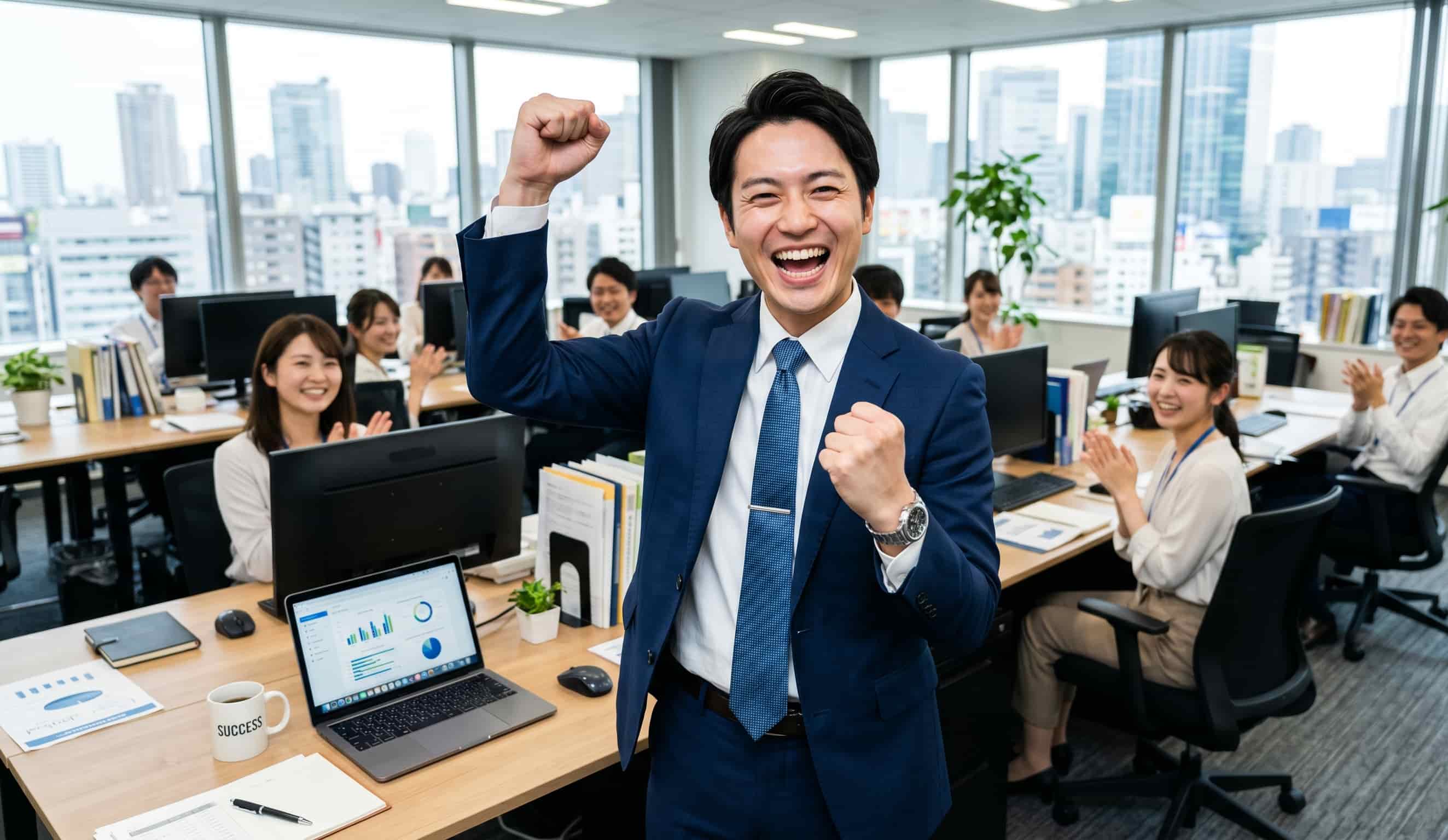 リーズナブルHPのメリットで喜んでいる男性のイメージ画